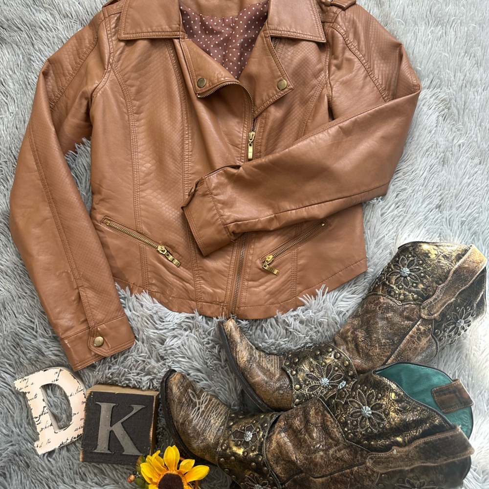 BONGO Brown Tan Faux Leather Jacket Classic Bomber Style